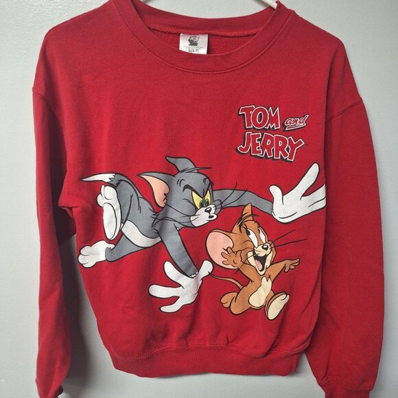 Tom and Jerry Sweatshirt Crewneck Red Womens Junior Small 3 5 Cat Mouse Cartoon - Picture 3 of 9